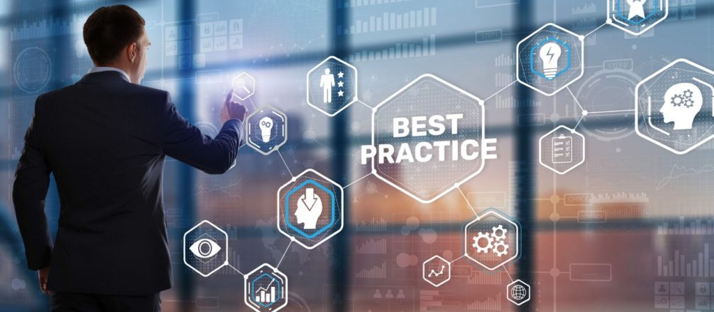 Best Practice concept with hand pressing icons