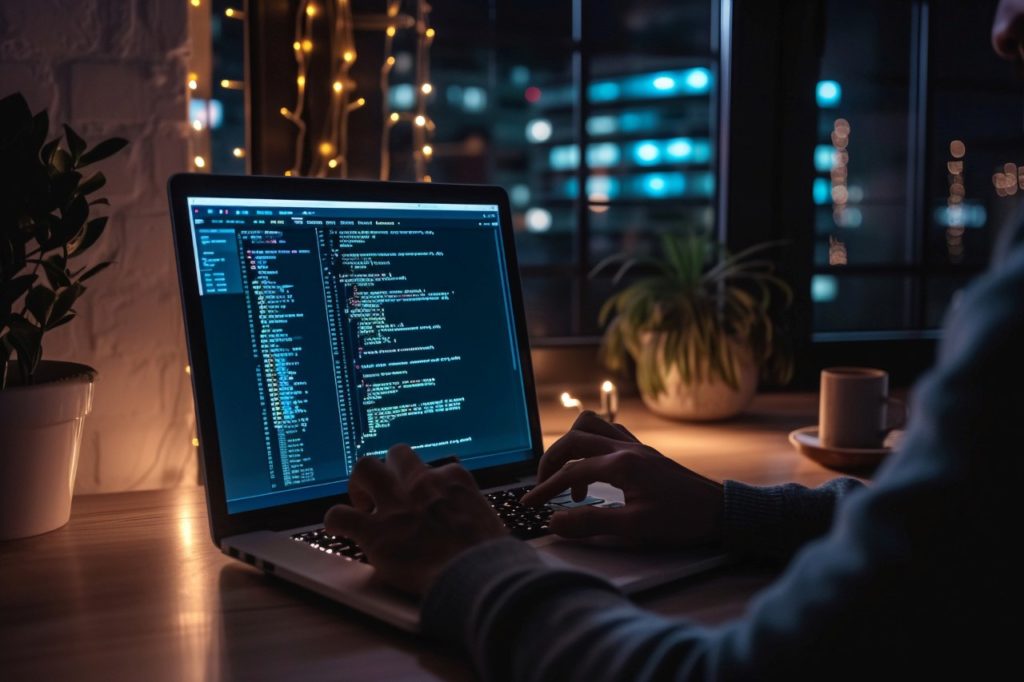 developer working on his laptop in front of a window