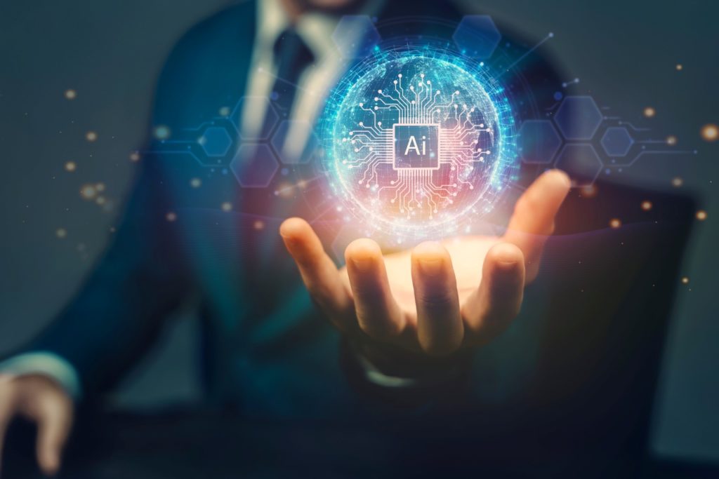 man holding a round digital concept of AI