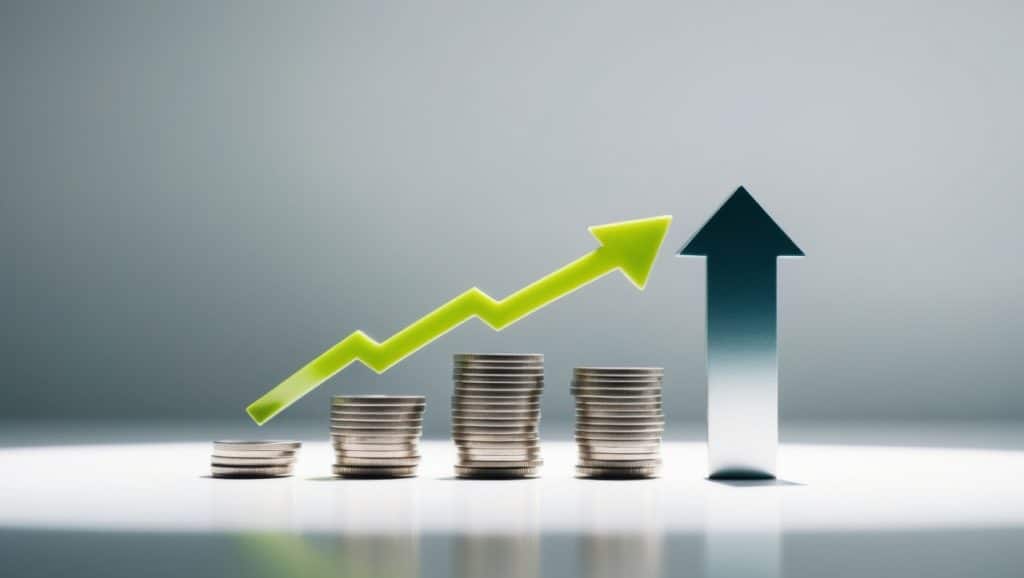 stack of coins with green arrow on an upward trend