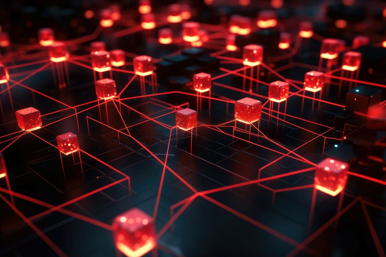 3D rendering of a network of red cubes on a dark background