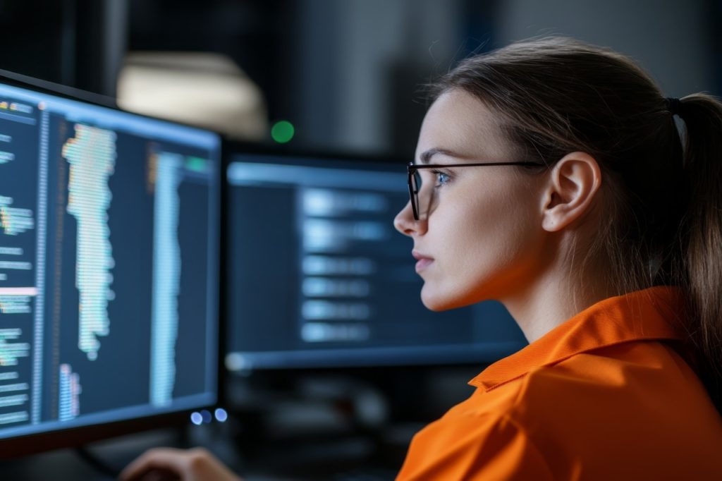 Woman coding in a dimly lit workspace with multiple computer screens