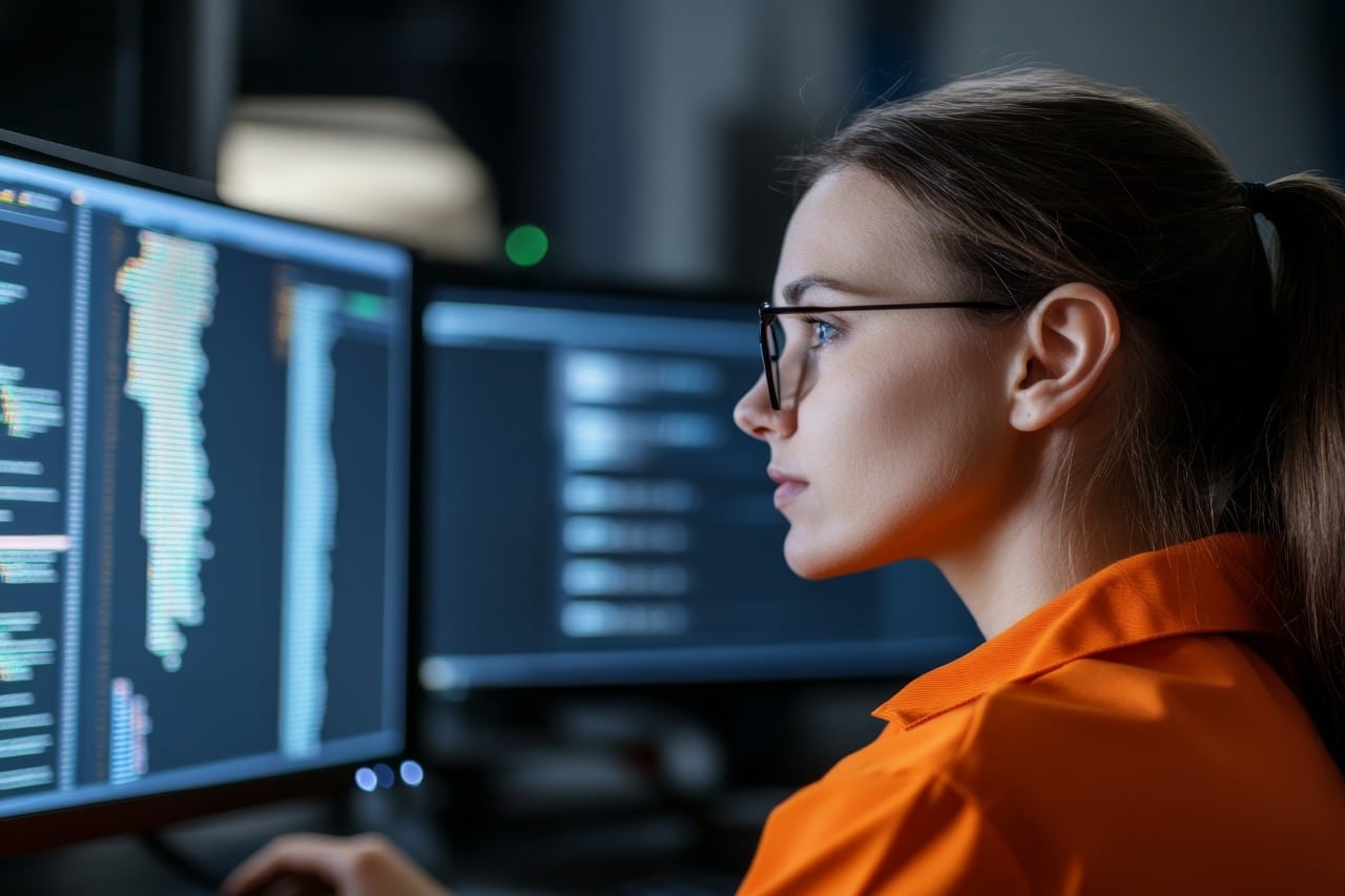 Woman coding in a dimly lit workspace with multiple computer screens