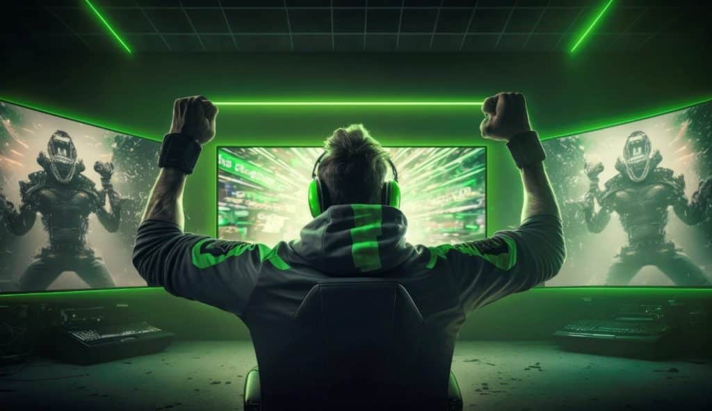 gamer rejoices in the victory and green game room background