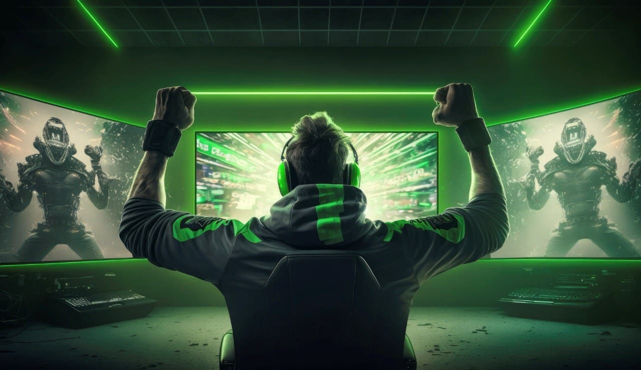 gamer rejoices in the victory and green game room background