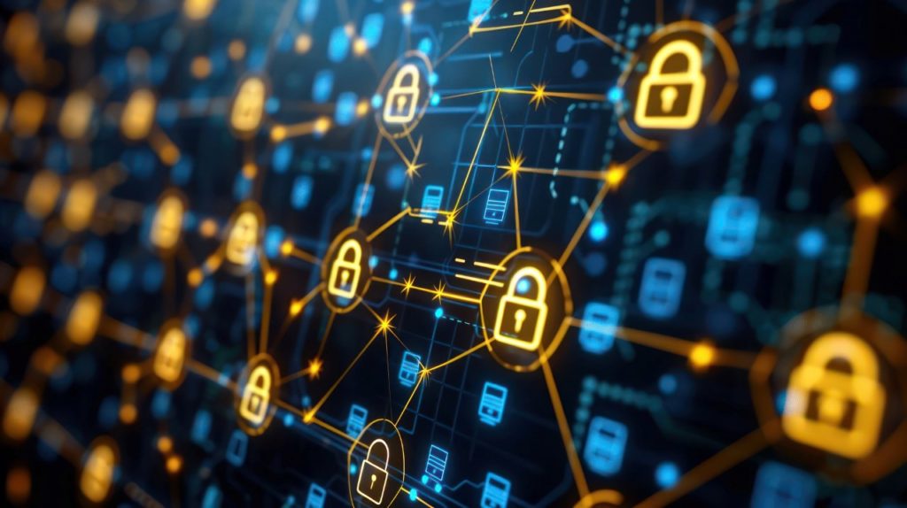 Abstract digital network with interconnected locks symbolizing security