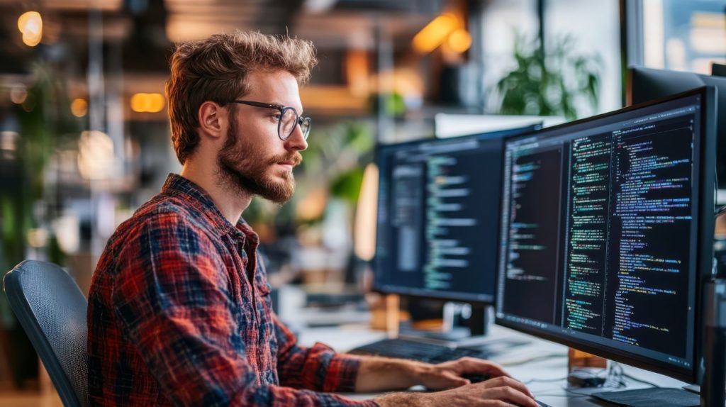 A man in a red plaid shirt is working on a computer with two monitors
