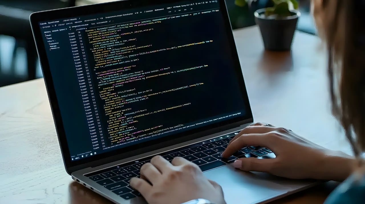 a female programmer coding using her laptop