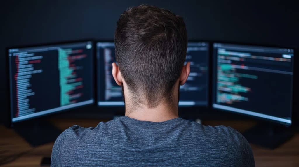 man working on multiple screens displaying code and data