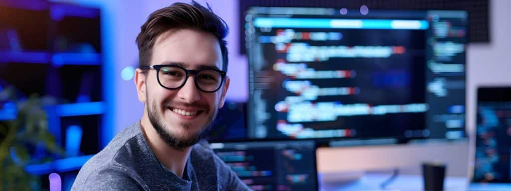 young developer smiling at the camera with computer monitor showing at the back