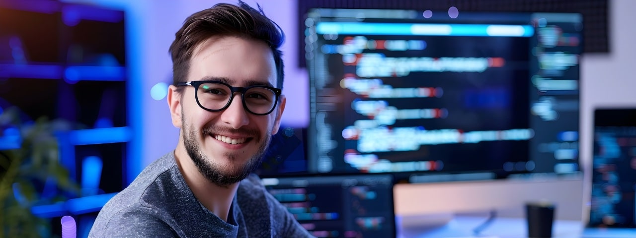 young developer smiling at the camera with computer monitor showing at the back