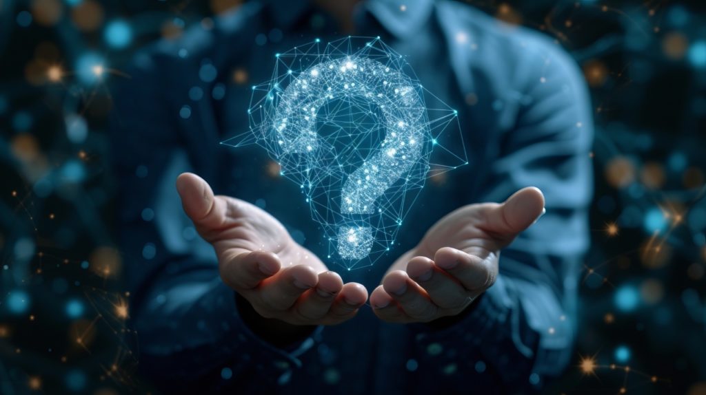 man with hologram of white question tick symbol